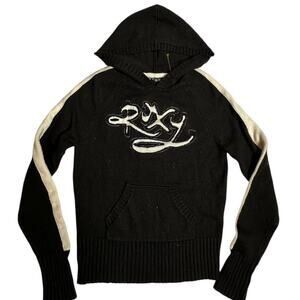 Vintage Y2K Roxy Black Knit Hoodie Sweater Chenille Logo Surf Skater Coquette